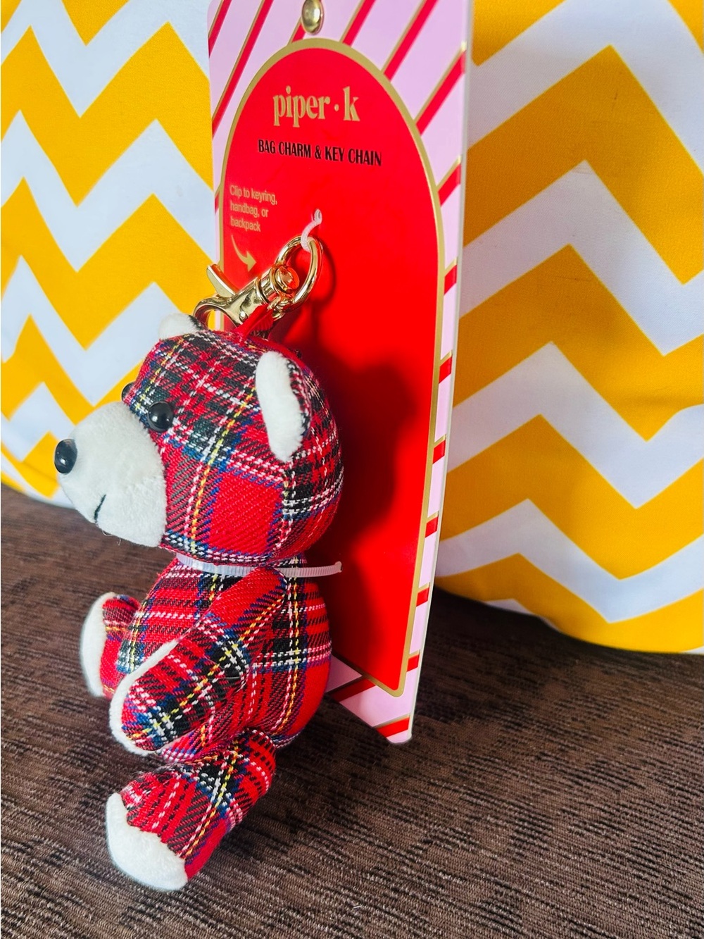Piper K Red Plaid Teddy Bear Clip Bag Charm Key Chain NWT - Picture 6 of 6